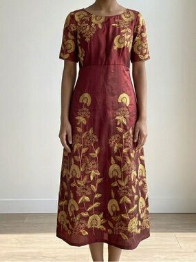 Vintage Maroon Raw Silk Kurti Tunic Dress Gold Embroidered Anarkali Size S/M EUC